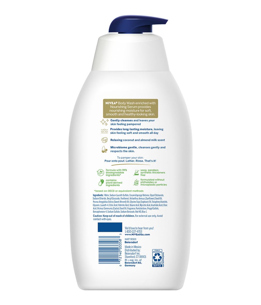 NIVEA Coconut and Almond Milk Pampering Body Wash, Moisturizing Body Wash with Nourishing Serum, Plant-Derived Oils, Essential Skin Lipids and Vitamins, 20 Fl Oz Bottle