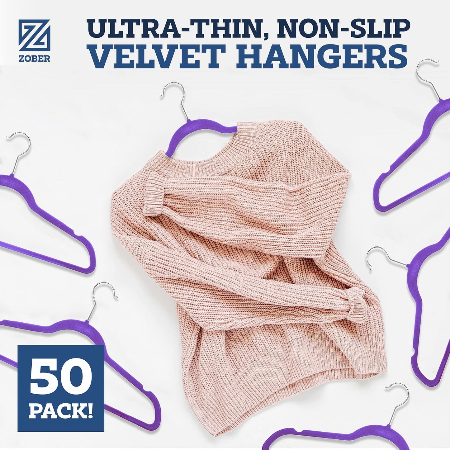 Zober Velvet Hangers 50 Pack - Heavy Duty Black Hangers for Coats, Pants & Dress Clothes - Non Slip Clothes Hanger Set - Space Saving Felt Hangers for Clothing