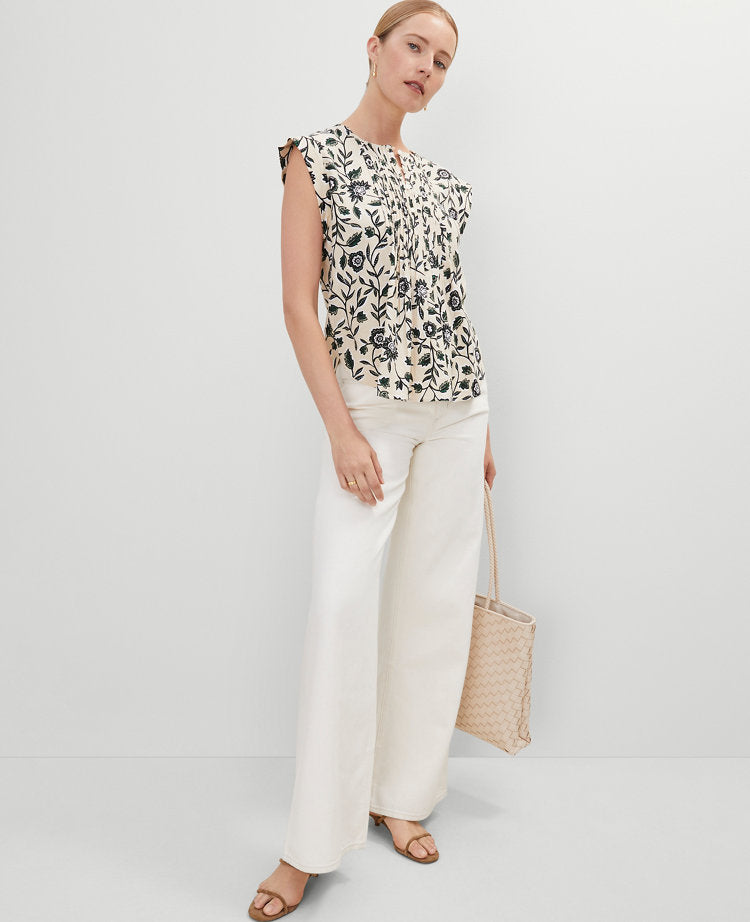 Linen Blend Floral Pintucked Top