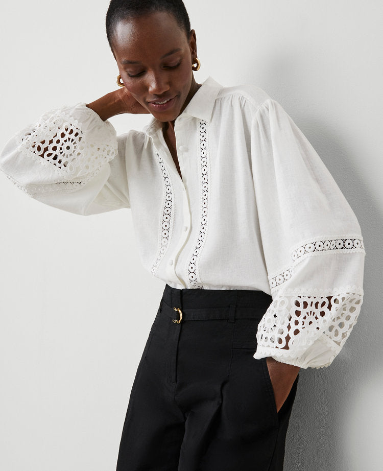 Embroidered Linen Blend Puff Sleeve Blouse