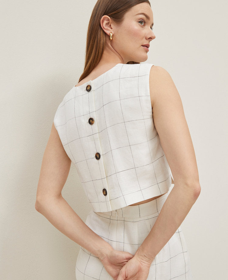 The Petite Button Back Cropped Top in Windowpane Linen Blend
