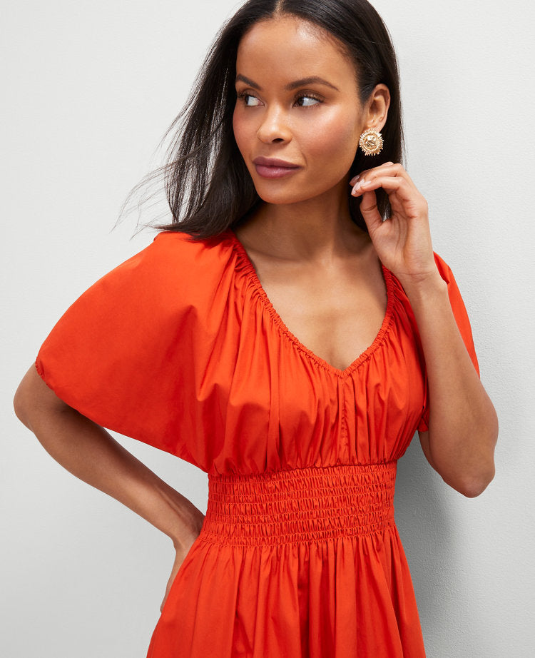 Petite Smocked Puff Sleeve Midi Dress