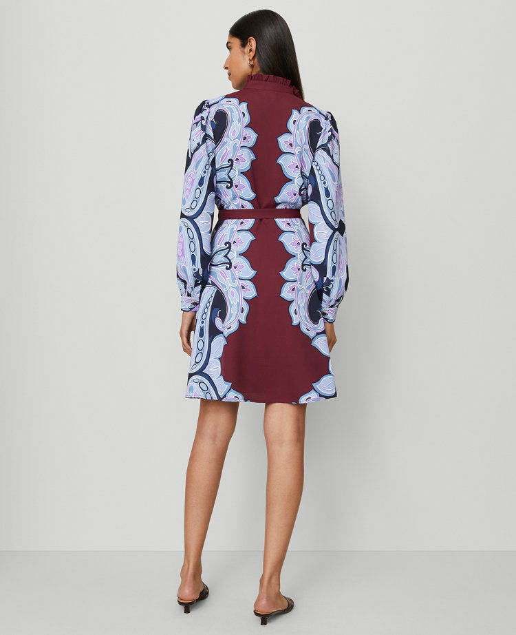 Petite Paisley Ruffle Collar Flare Dress
