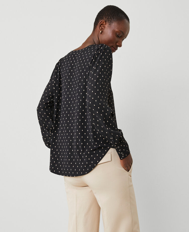 Geo V-Neck Mixed Media Top