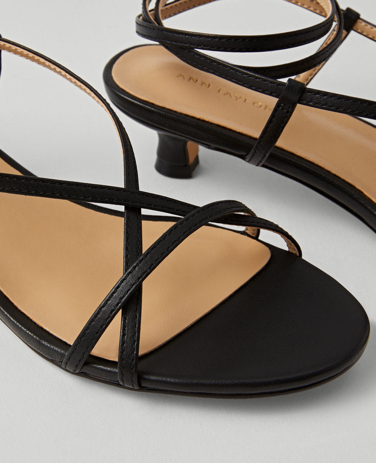 Leather Strappy Ankle Wrap Kitten Heel Sandals