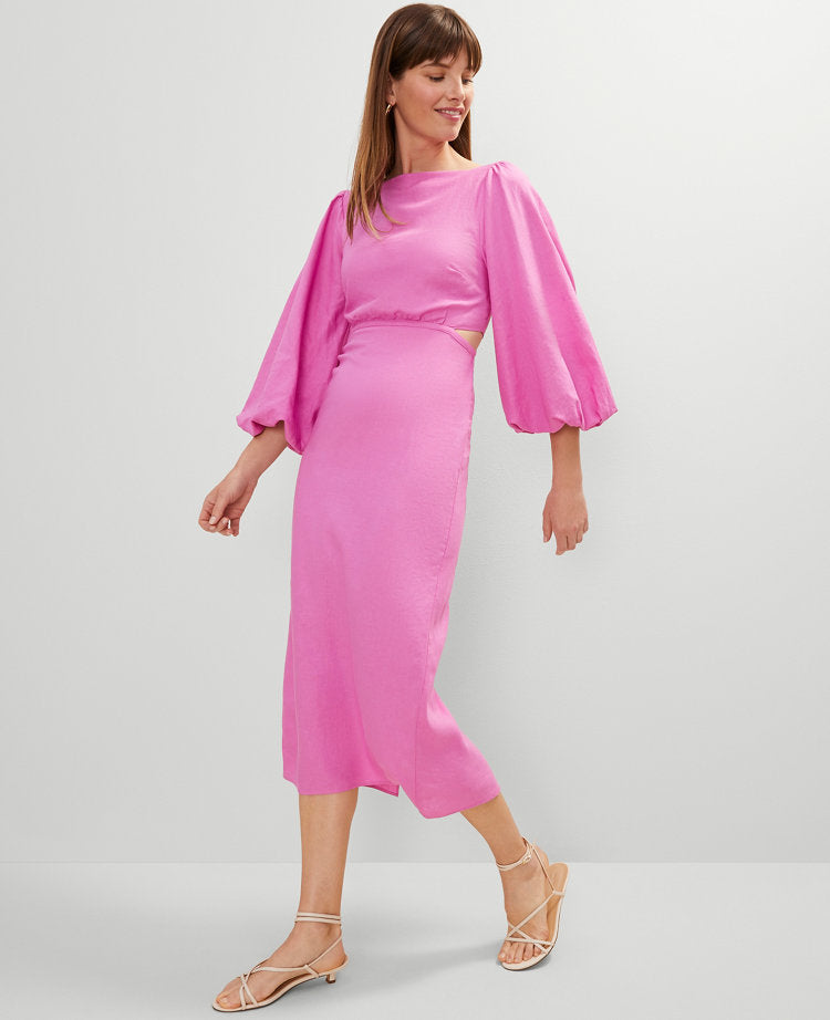 Petite Linen Blend Puff Sleeve Midi Dress