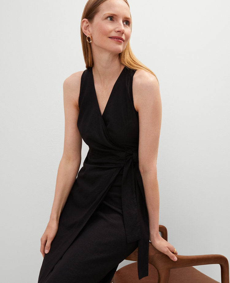 Petite Linen Blend V-Neck Wrap Dress