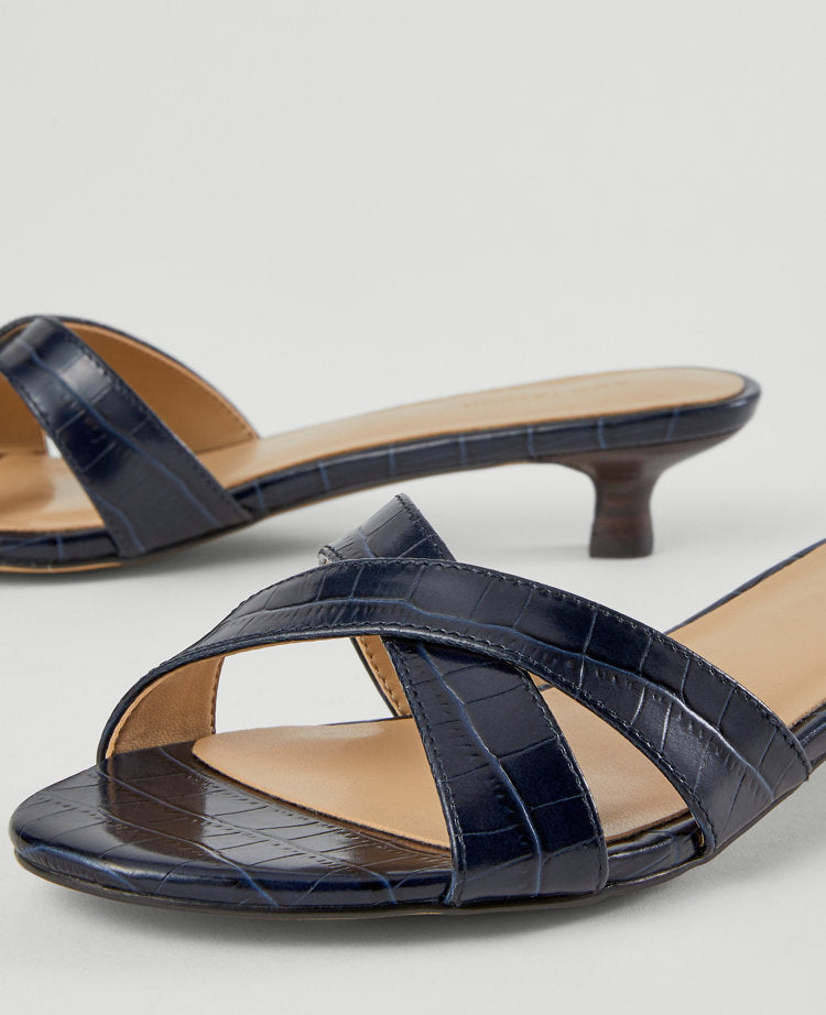 Embossed Crossover Slingback Kitten Heel Sandals