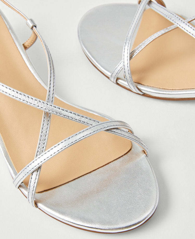 Metallic Strappy Ankle Wrap Kitten Heel Sandals