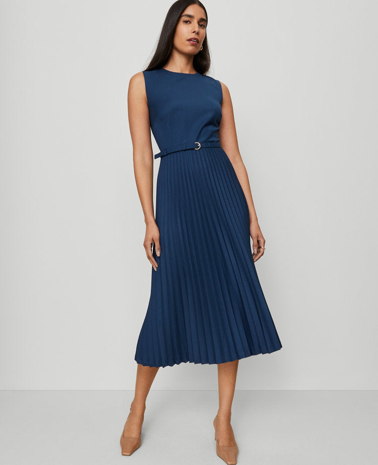 Petite Belted Pleated Midi Dress