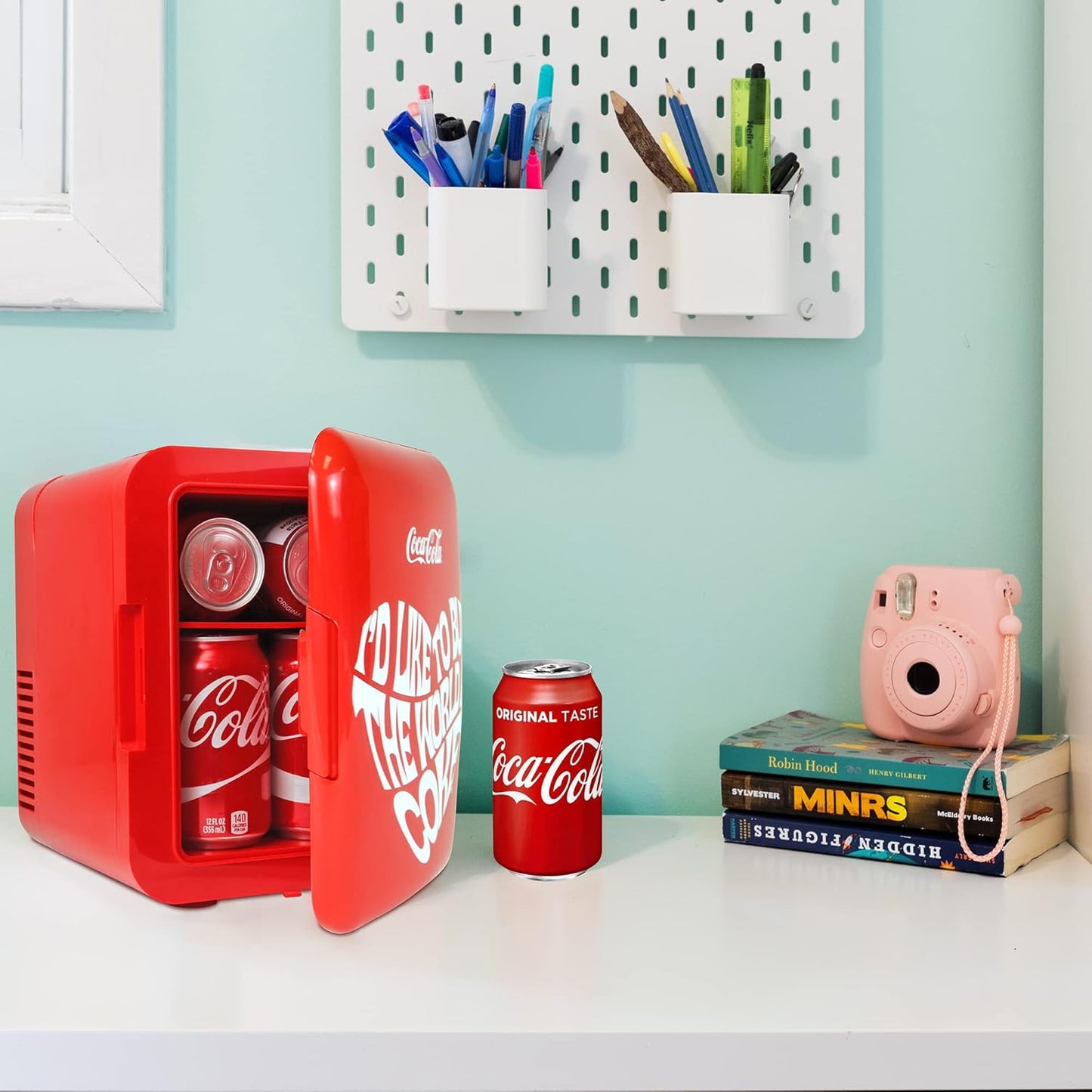 Coca-Cola Classic Coke Bottle 4L Mini Fridge w/ 12V DC and 110V AC Cords, 6 Can Portable Cooler, Personal Travel Refrigerator for Snacks Lunch Drinks Cosmetics, Desk Home Office Dorm, Red