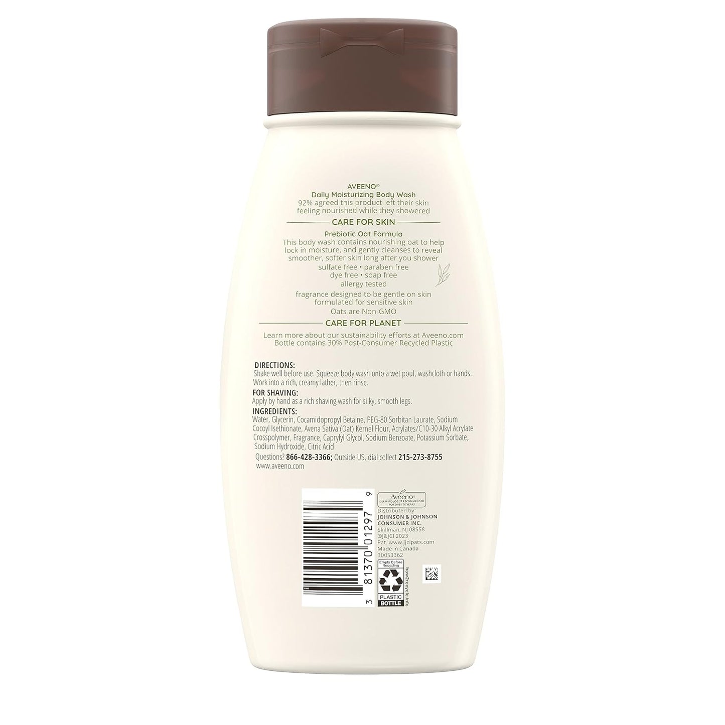 Aveeno Daily Moisturizing Body Wash, Body Wash for Dry Skin with Soothing Oat, Creamy Shower Cleanser, Gentle, Soap-Free and Dye-Free, Lightly Scented Body Wash, 33 FL OZ