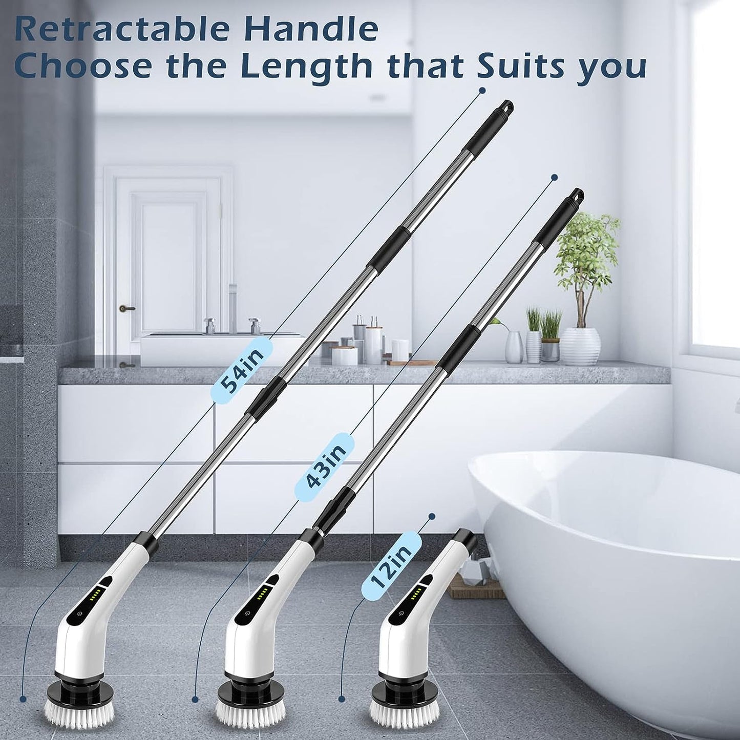 Cordless Electric Spin Scrubber,Cleaning Brush Scrubber for Home, 400RPM/Mins-8 Replaceable Brush Heads-90Mins Work Time,3 Adjustable Size,2 Adjustable Speeds for Bathroom Shower Bathtub Glass Car