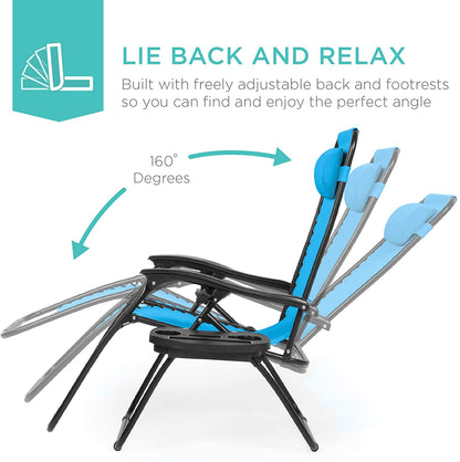 Set of 2 Adjustable Steel Mesh Zero Gravity Lounge Chair Recliners w/Pillows and Cup Holder Trays