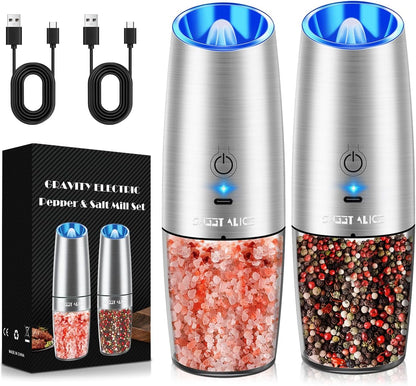 Sweet Alice Gravity Electric Pepper and Salt Grinder Set, Adjustable Coarseness, Battery Powered with LED Light, One Hand Automatic Operation, Stainless Steel Black, 2 Pack