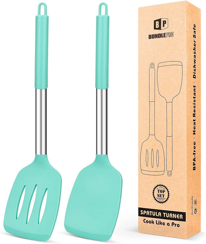 Pack of 2 Silicone Solid Turner,Non Stick Slotted Kitchen Spatulas,High Heat Resistant BPA Free Cooking Utensils,Ideal Cookware for Fish,Eggs,Pancakes (Black)