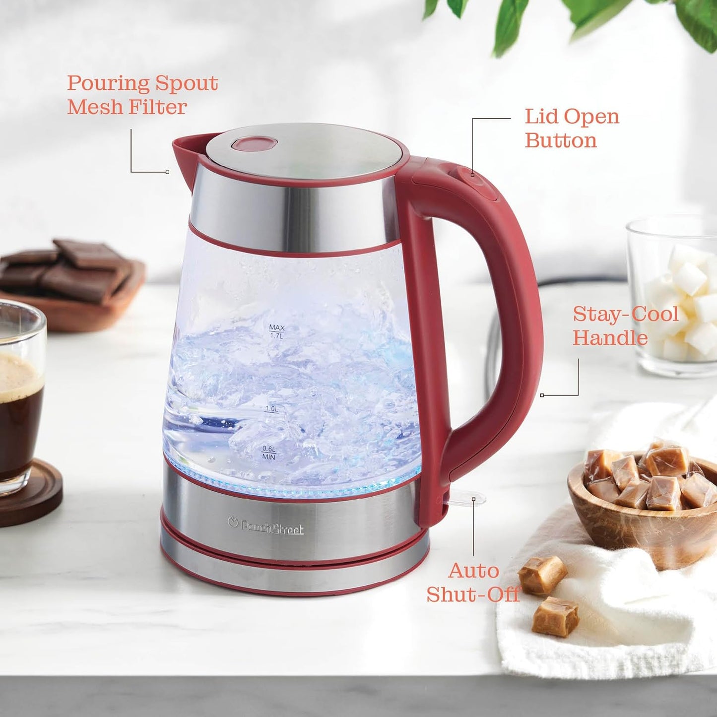 Speed-Boil Electric Kettle For Coffee & Tea - 1.7L Water Boiler 1500W, Borosilicate Glass, Easy Clean Wide Opening, Auto Shut-Off, Cool Touch Handle, LED Light. 360° Rotation, Boil Dry Protection