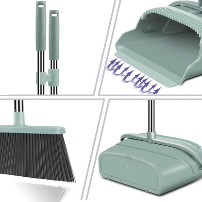 kelamayi Upgrade Stand Up Broom and Dustpan Set, Self-Cleaning with Dustpan Teeth, Ideal for Dog Cat Pets Home Use, Super Long Handle (Gray&Orange)