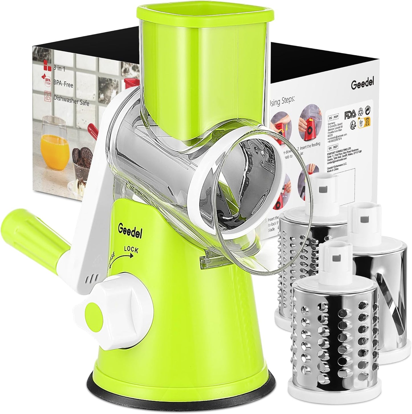 Geedel Rotary Cheese Grater, Kitchen Mandoline Vegetable Slicer with 3 Interchangeable Blades, Easy to Clean Grater for Fruit, Vegetables, Nuts