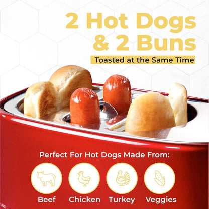 Nostalgia 2 Slot Hot Dog and Bun Toaster with Mini Tongs, Retro Toaster, Cooker that Works Chicken, Turkey, Veggie Links, Sausages Brats, Metallic Red