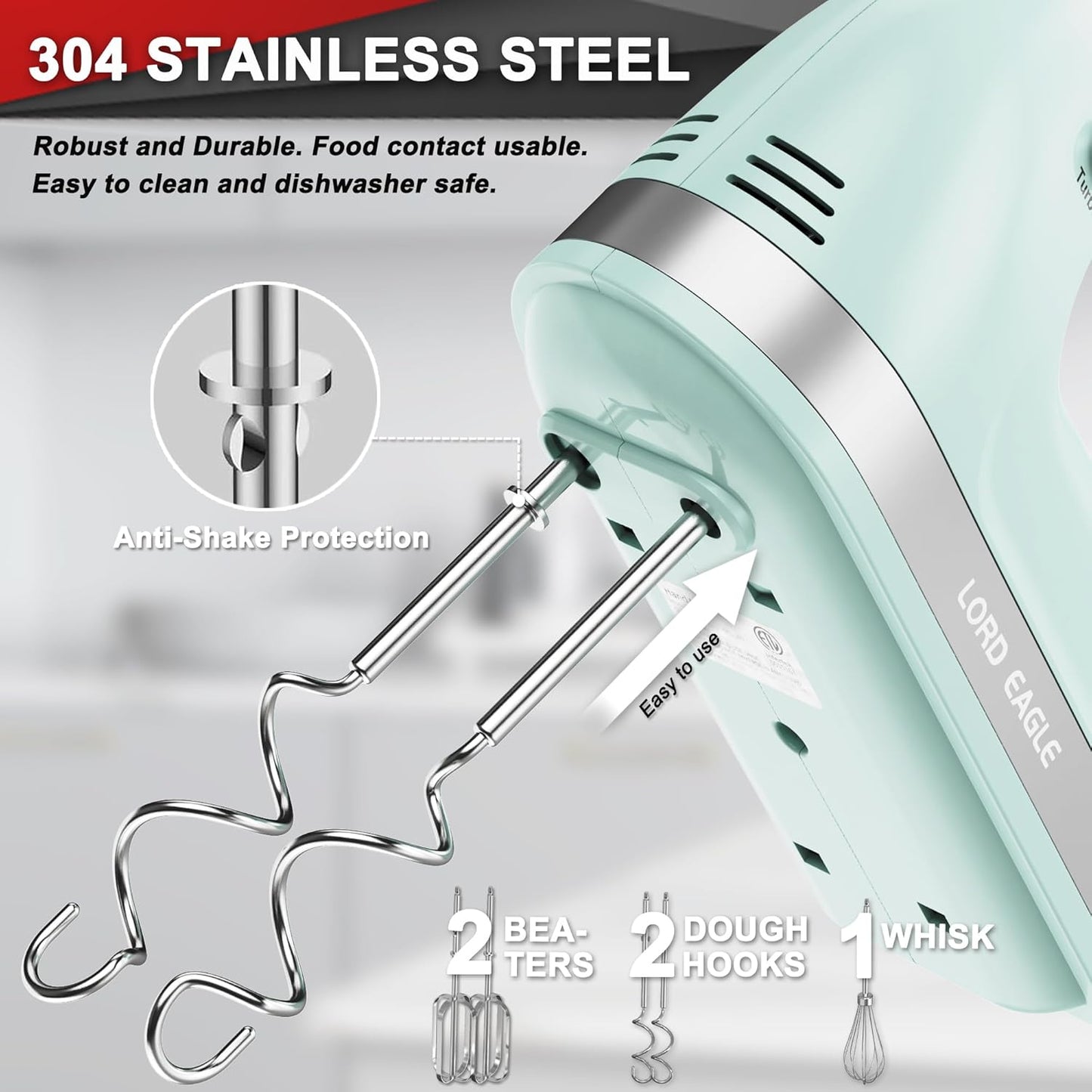 Lord Eagle Hand Mixer Electric, 400W Power handheld Mixer for Baking Cake Egg Cream Food Beater, Turbo Boost/Self-Control Speed + 5 Speed + Eject Button + 5 Stainless Steel Accessories (White)