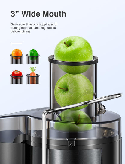 Qcen Juicer Machine, 800W Centrifugal Juicer Extractor with Wide Mouth 3” Feed Chute for Fruit Vegetable, Easy to Clean, Stainless Steel, BPA-free (Black)