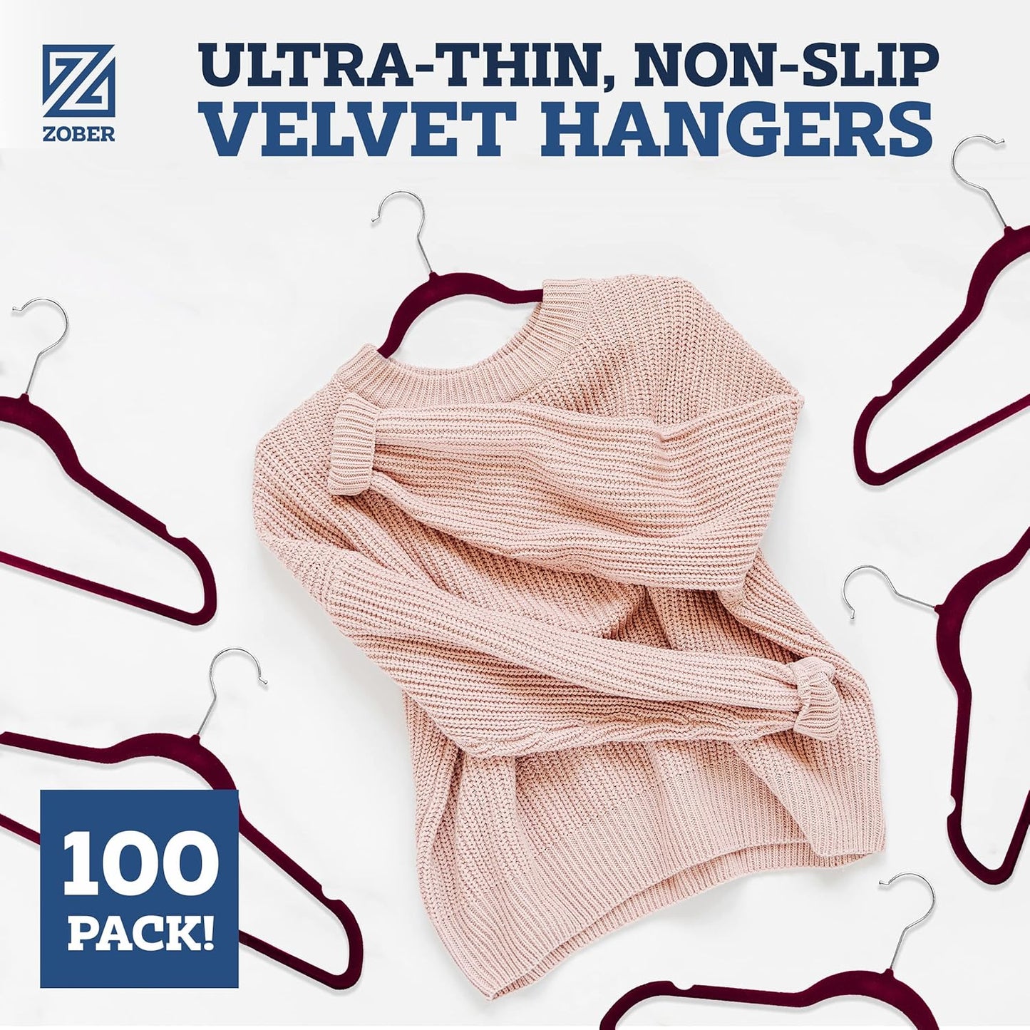 Zober Velvet Hangers 50 Pack - Heavy Duty Black Hangers for Coats, Pants & Dress Clothes - Non Slip Clothes Hanger Set - Space Saving Felt Hangers for Clothing