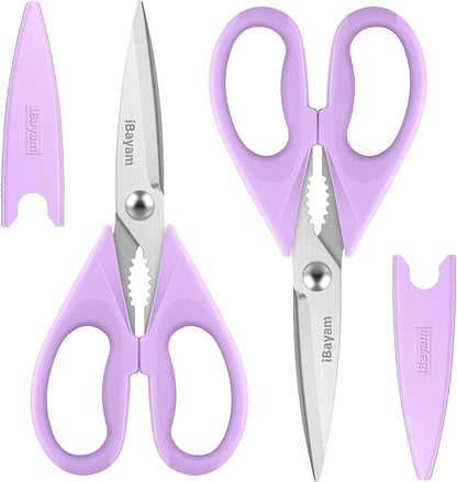 iBayam Kitchen Scissors All Purpose Heavy Duty Meat Poultry Shears, Dishwasher Safe Food Cooking Scissors Stainless Steel Utility Scissors, 2-Pack (Black Red, Black Gray)