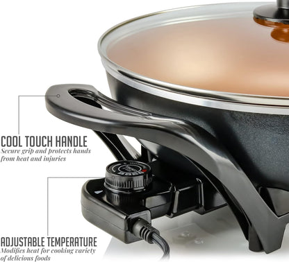 OVENTE 12 Inch Electric Skillet and Frying Pan with Nonstick Coating, 1400W Power, Adjustable Temperature Control, Tempered Glass Lid with Vent and Cool Touch Handles, Black SK11112B