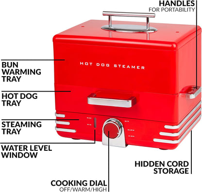 Nostalgia Extra Large Diner-Style Coca-Cola Hot Dog Steamer and Bun Warmer, 24 Hot Dog and 12 Bun Capacity, Steam Bratwursts, Sausages, Vegetables, Fish, Dumplings, Red