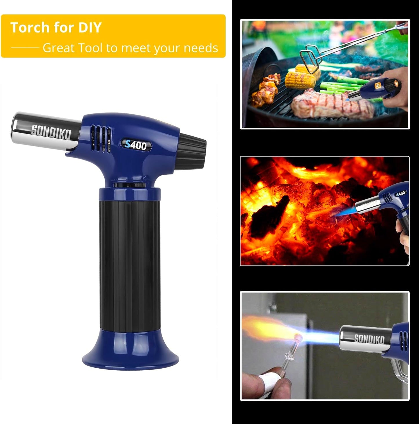 Sondiko Butane Torch S400, Refillable Kitchen Torch Lighter, Fit All Butane Tanks Blow Torch with Safety Lock and Adjustable Flame for Desserts, Creme Brulee, and Baking—Butane Gas Is Not Included