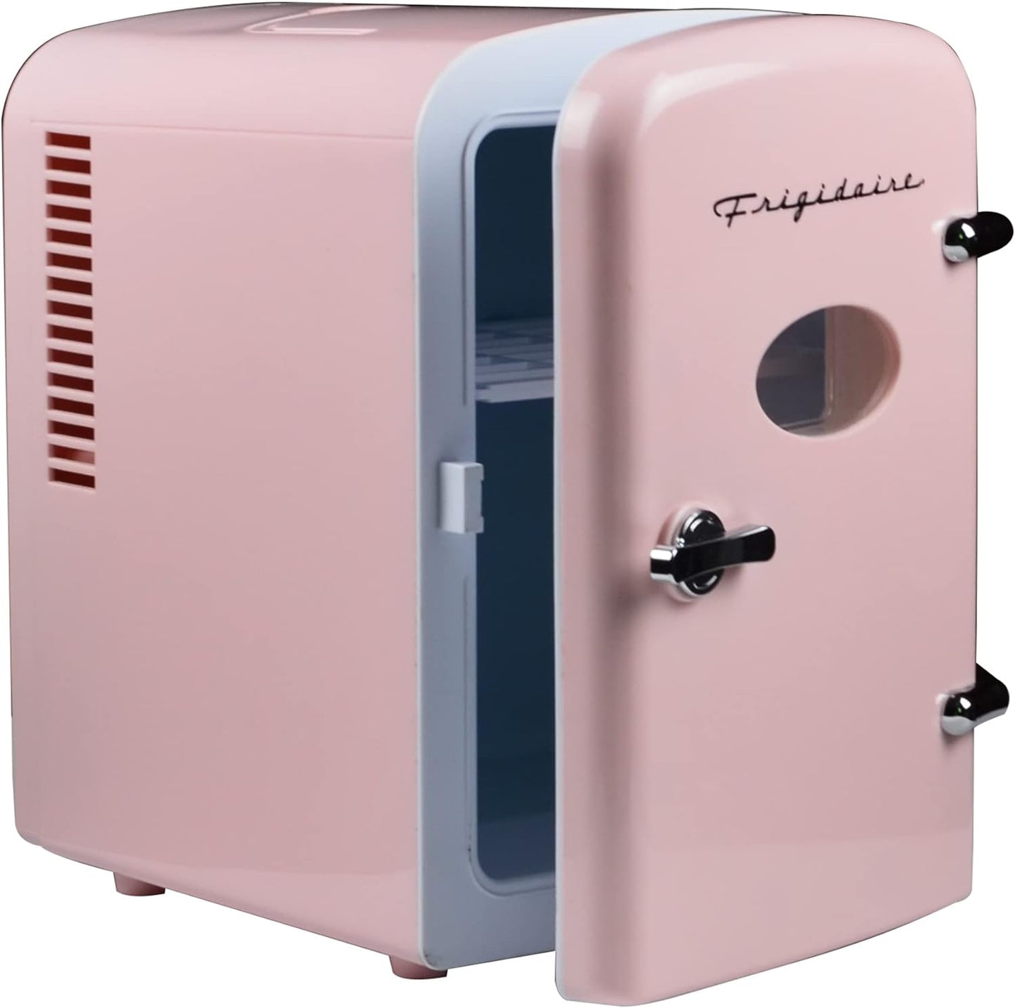 Frigidaire Retro Mini Fridge Cooler, 4L Capacity Chills 6 12oz Cans, 100% Freon-Free & Eco Friendly, Portable Fridge for Car, Office, Bedroom, Dorm Room, or Cabin - 9.84"D x 7.09"W x 10.35"H (Pink)