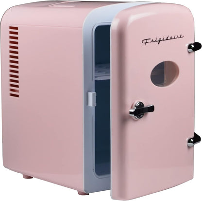 Frigidaire Retro Mini Fridge Cooler, 4L Capacity Chills 6 12oz Cans, 100% Freon-Free & Eco Friendly, Portable Fridge for Car, Office, Bedroom, Dorm Room, or Cabin - 9.84"D x 7.09"W x 10.35"H (Pink)