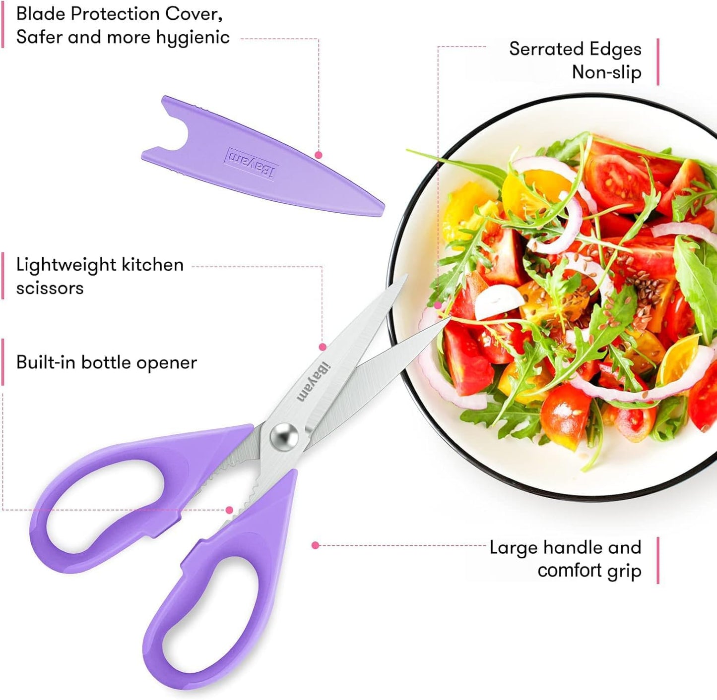 iBayam Kitchen Scissors All Purpose Heavy Duty Meat Poultry Shears, Dishwasher Safe Food Cooking Scissors Stainless Steel Utility Scissors, 2-Pack (Black Red, Black Gray)