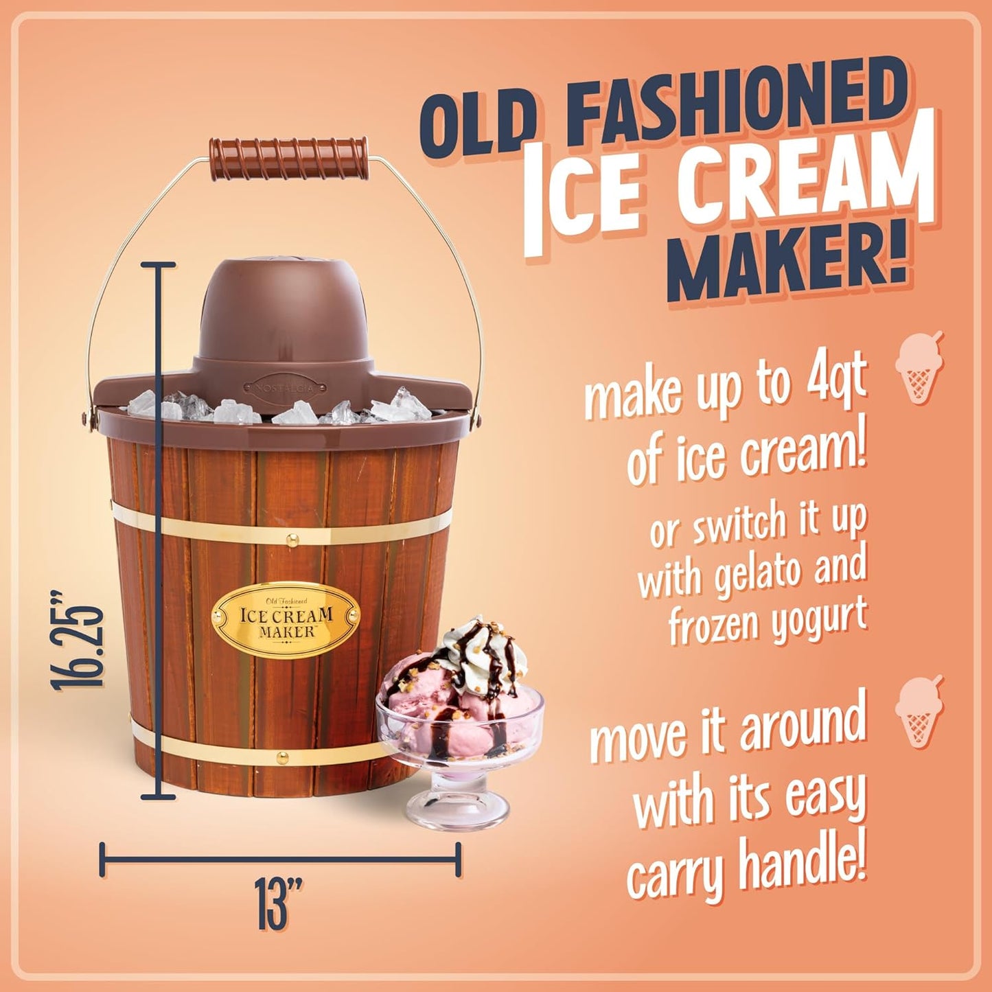 Nostalgia Electric Ice Cream Maker - Old Fashioned Soft Serve Ice Cream Machine Makes Frozen Yogurt or Gelato in Minutes - Fun Kitchen Appliance - Vintage Wooden Style - Light Wood - 4 Quart