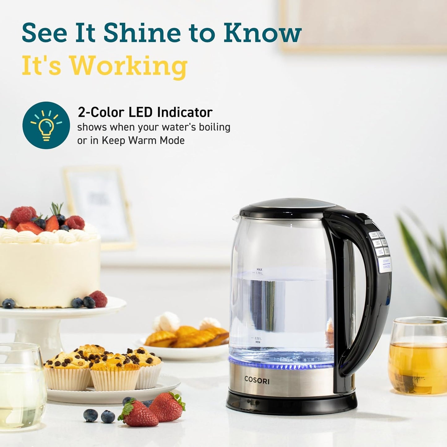 COSORI Electric Kettle, No Plastic Contact with Water, 1.7L/1500W, Stainless Steel Inner Lid & Filter, Tea Kettle For Coffee & Tea, Hot Water Kettle Teapot Boiler & Heater, Automatic Shut Off, Black