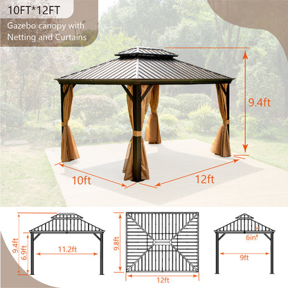 10' X 12' Outdoor Hardtop Gazebo Double Roof Canopy with Curtains and Netting