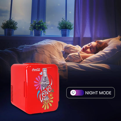 Coca-Cola Classic Coke Bottle 4L Mini Fridge w/ 12V DC and 110V AC Cords, 6 Can Portable Cooler, Personal Travel Refrigerator for Snacks Lunch Drinks Cosmetics, Desk Home Office Dorm, Red