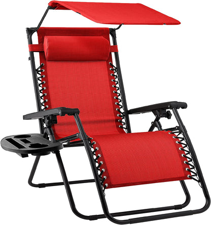 Folding Zero Gravity Outdoor Recliner Patio Lounge Chair w/Adjustable Canopy Shade, Headrest, Side Accessory Tray, Textilene Mesh - Beige