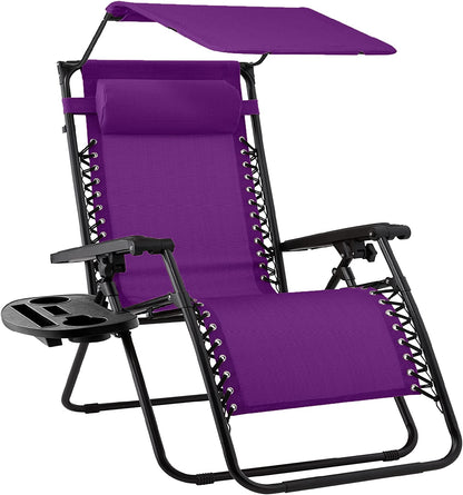 Folding Zero Gravity Outdoor Recliner Patio Lounge Chair w/Adjustable Canopy Shade, Headrest, Side Accessory Tray, Textilene Mesh - Beige