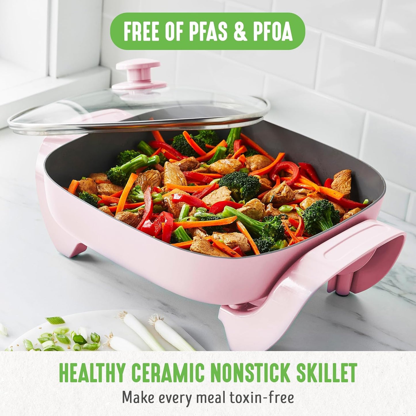 GreenLife 12" 5QT Square Electric Skillet, Glass Vented Lid, Ceramic PFAS-Free Nonstick Interior, Adjustable Temperature Control, Cool Touch Handles, Quick Even Heating, Scratch Resistant, Turquoise