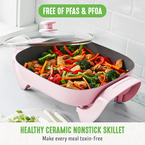 GreenLife 12" 5QT Square Electric Skillet, Glass Vented Lid, Ceramic PFAS-Free Nonstick Interior, Adjustable Temperature Control, Cool Touch Handles, Quick Even Heating, Scratch Resistant, Turquoise