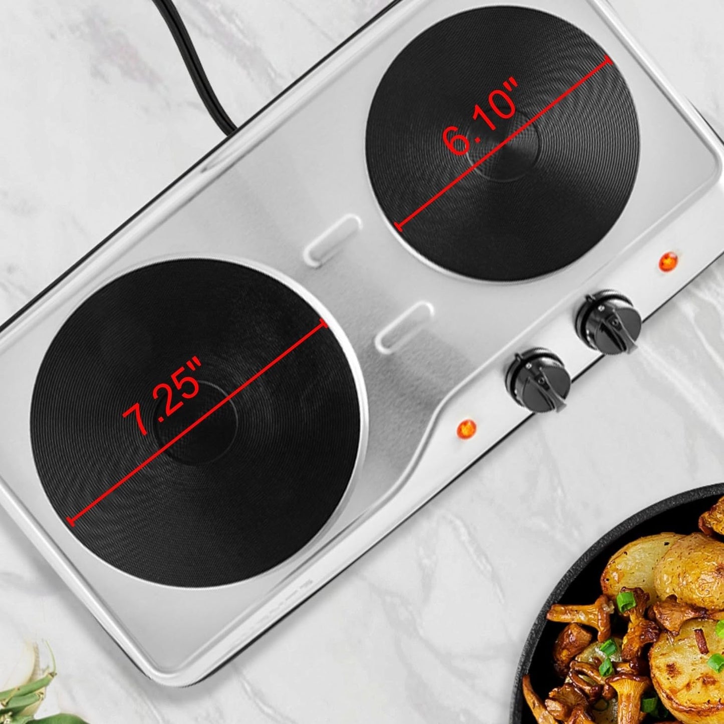 OVENTE Electric Countertop Double Burner, 1700W Cooktop with 7.25" and 6.10" Cast Iron Hot Plates, Temperature Control, Portable Cooking Stove and Easy to Clean Stainless Steel Base, Black BGS102B