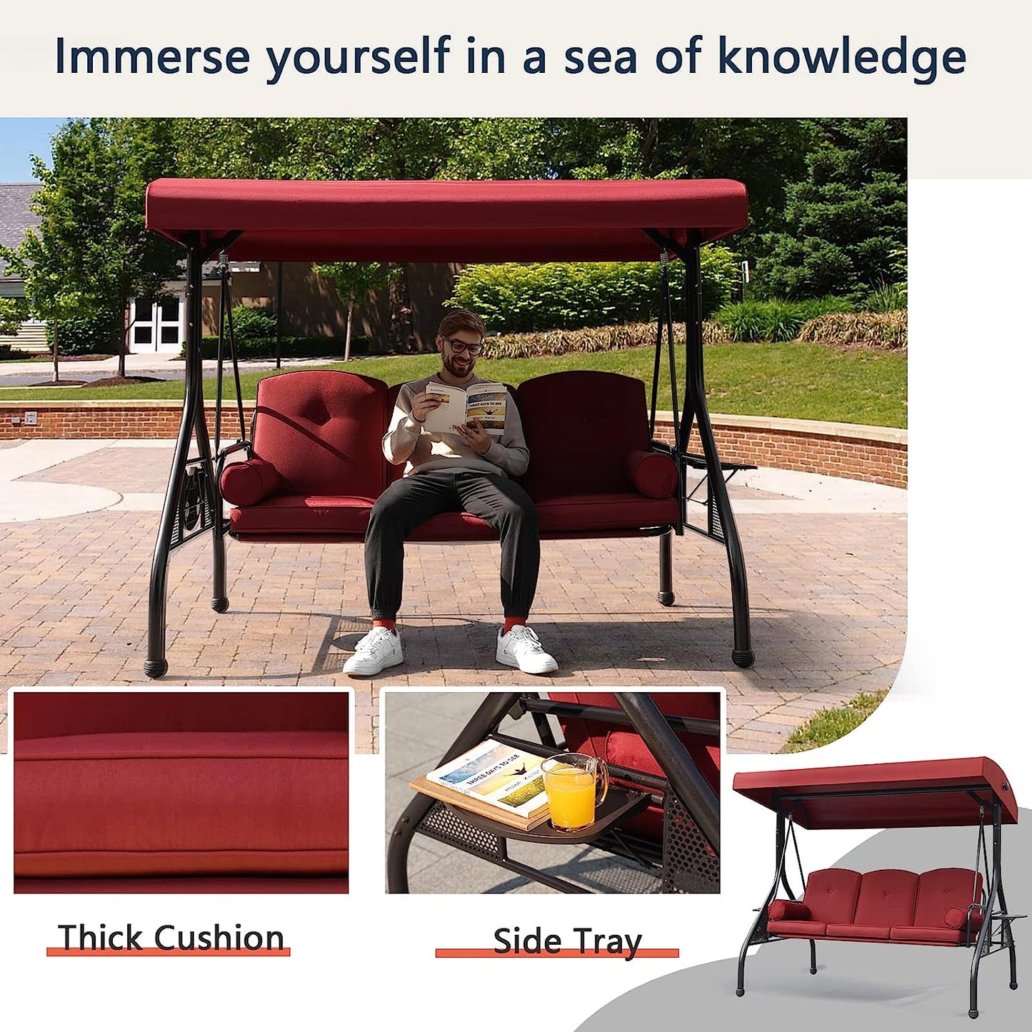 NOBLEMOOD Patio Porch Swing, 3-Seat Outdoor Swing with Adjustable Canopy, Thickened Cushion, Pillow and Foldable Side Tray for Patio, Backyard, Porch Swing Bed for Spring(Khaki)