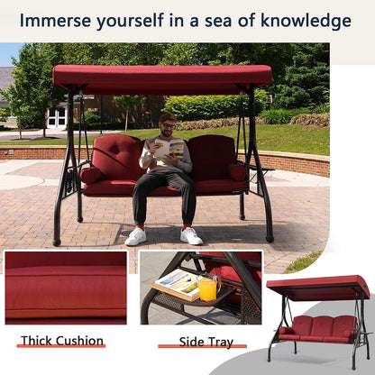 NOBLEMOOD Patio Porch Swing, 3-Seat Outdoor Swing with Adjustable Canopy, Thickened Cushion, Pillow and Foldable Side Tray for Patio, Backyard, Porch Swing Bed for Spring(Khaki)