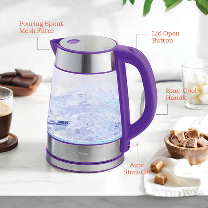 Speed-Boil Electric Kettle For Coffee & Tea - 1.7L Water Boiler 1500W, Borosilicate Glass, Easy Clean Wide Opening, Auto Shut-Off, Cool Touch Handle, LED Light. 360° Rotation, Boil Dry Protection