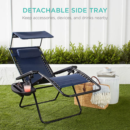 Folding Zero Gravity Outdoor Recliner Patio Lounge Chair w/Adjustable Canopy Shade, Headrest, Side Accessory Tray, Textilene Mesh - Beige
