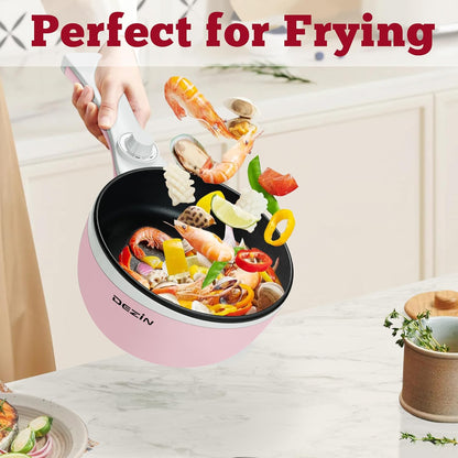 Dezin Hot Pot Electric Upgraded, Non-Stick Sauté Pan, Rapid Noodles Electric Pot, 1.5L Mini Portable Hot Pot for Steak, Egg, Fried Rice, Ramen, Oatmeal, Soup with Power Adjustment(Egg Rack Included)