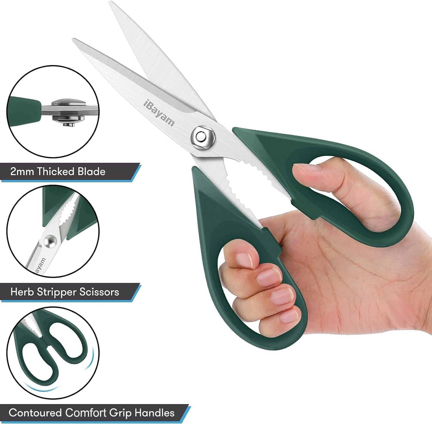 iBayam Kitchen Scissors All Purpose Heavy Duty Meat Poultry Shears, Dishwasher Safe Food Cooking Scissors Stainless Steel Utility Scissors, 2-Pack (Black Red, Black Gray)