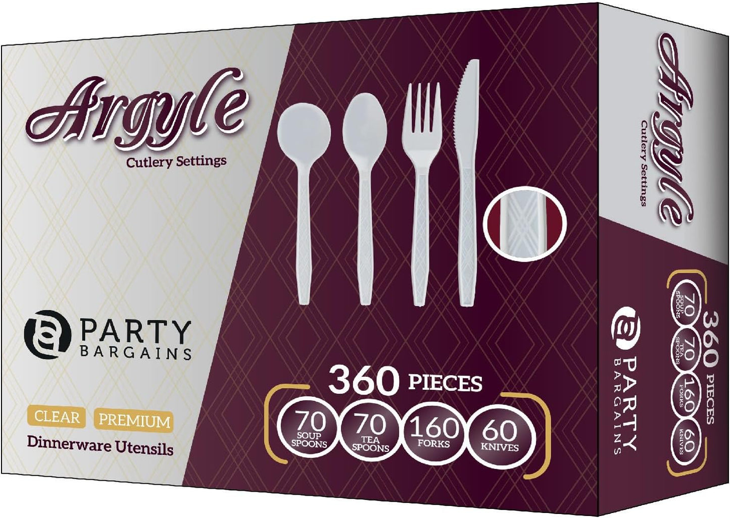 Party Bargains Disposable Cutlery set, SAPPHIRE Design, Clear Color, 360 Pieces: 180 Forks, 120 Spoons, 60 Knives